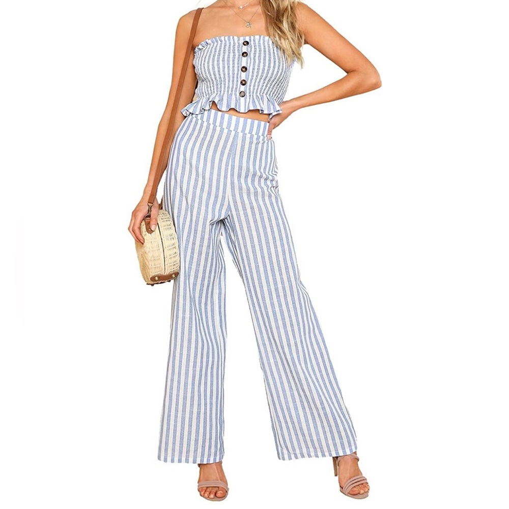 Blue and white striped two piece (pants and tube top)